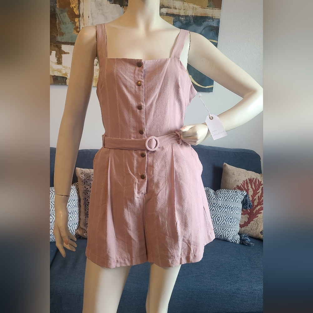 Coco +JaimesonSleeveless Square Neck O-Ring BeltStripe Tencel Romper